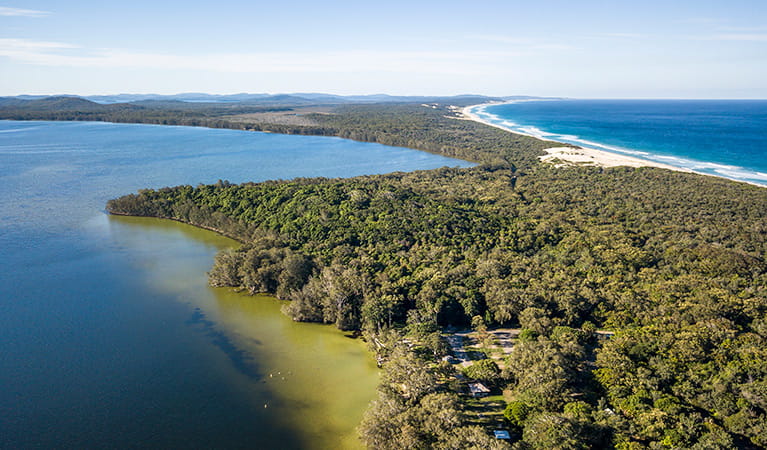Aerial view of Mungo Brush campground in Myall Lakes National Park. Credit: John Spencer &copy; DPE